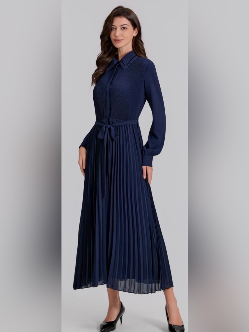 Eloquii Navy Long-Sleeve Pleated Shirt Dress with Waist Tie